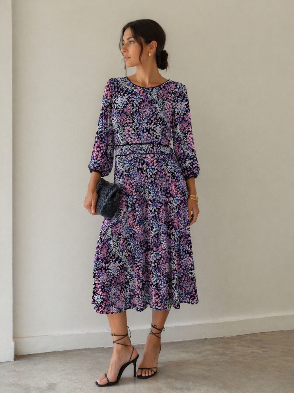 Talbots Floral Midi Dress Petite 12 Navy Pink‎ Elegant Classic wedding guest